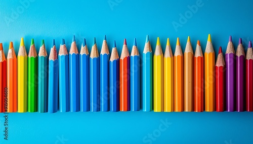 Rainbowcolored pencils lined up on a bright blue background, organized in a neat gradient, vibrant and creative