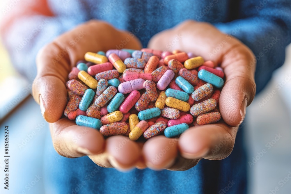 Human hands holding a diverse collection of pills highlighting the personal and varied nature of medical treatments. Human hands holding a diverse collection of pills highlighting the personal and varied nature of medical treatments.