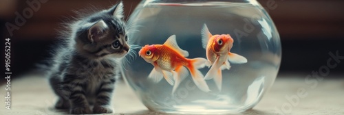 Curious Feline Observation: A Kitten Intently Watches Two Goldfish Swimming in a Glass Bowl, Capturing Innocent Curiosity and Fascination Between Species. photo