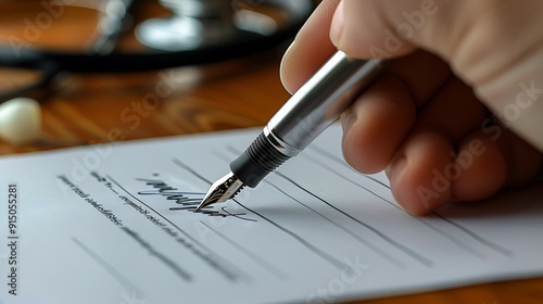 Hand signing a medical consent form, elegant fountain pen in use, clinic with stethoscope subtly in the background, polished white desk, document text out of focus, soft office lighting, hd quality,