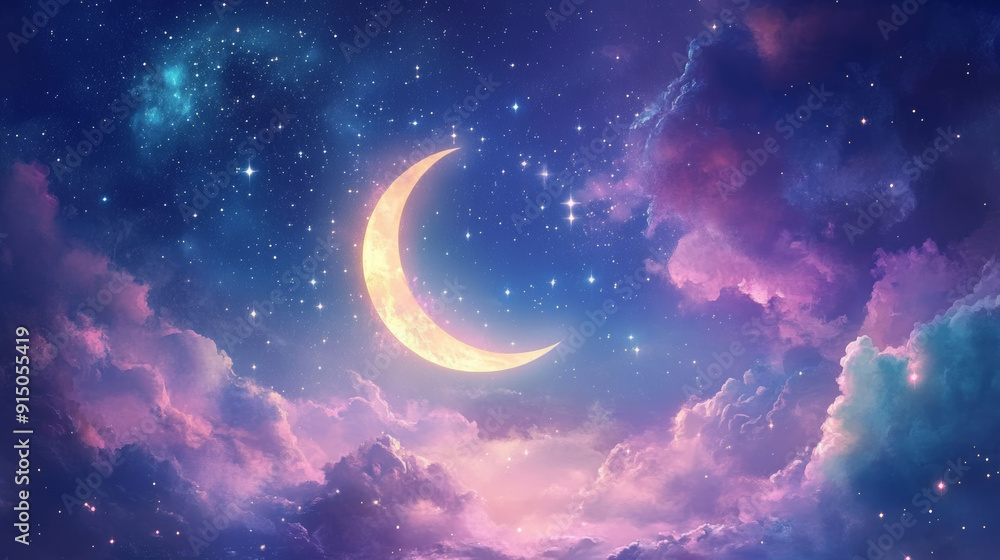 Fototapeta premium A beautiful night sky with a crescent moon, surrounded by twinkling stars and ethereal nebulas. --ar 16:9 --v 6.1 Job ID: db6f829a-9a4b-463e-9624-3157f225097b