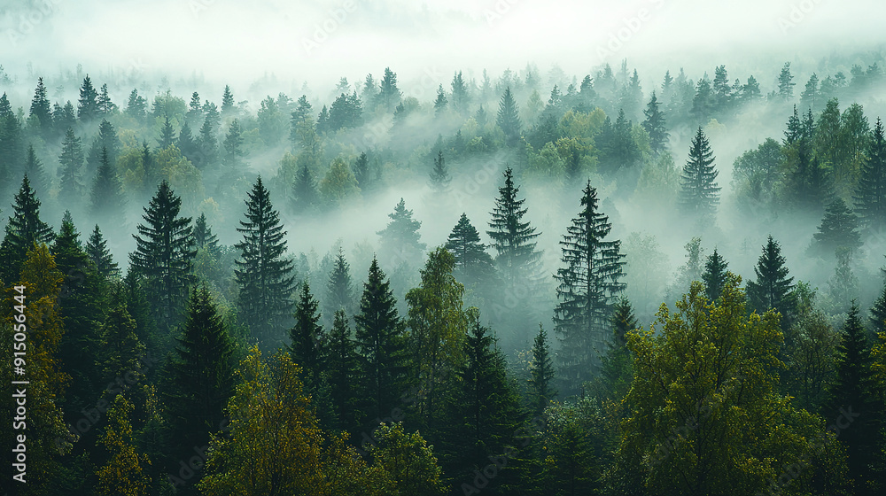 Fototapeta premium Panoramic view of forest with morning fog