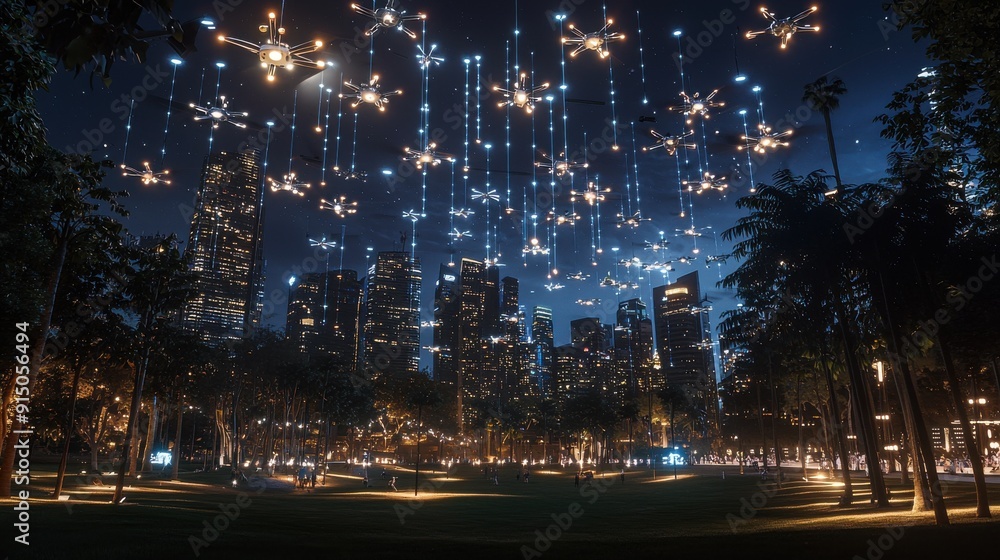 A high-tech countdown event for 2025 in a modern city park, where drones are flying in synchronized patterns, creating a visual countdown in the sky as the city lights up in celebration A high-tech countdown event for 2025 in a modern city park, where drones are flying in synchronized patterns, creating a visual countdown in the sky as the city lights up in celebration