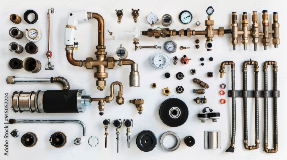 An assorted collection of plumbing and mechanical parts arranged in an organized layout on a white background. An assorted collection of plumbing and mechanical parts arranged in an organized layout on a white background.