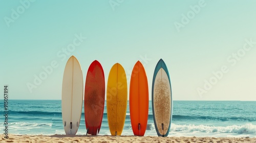 Five colorful surfboards stand upright in a row on a sandy beach, with the sea and clear sky forming a picturesque backdrop.