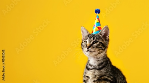 Tabby Kitten in a Birthday Hat Against a Yellow Background