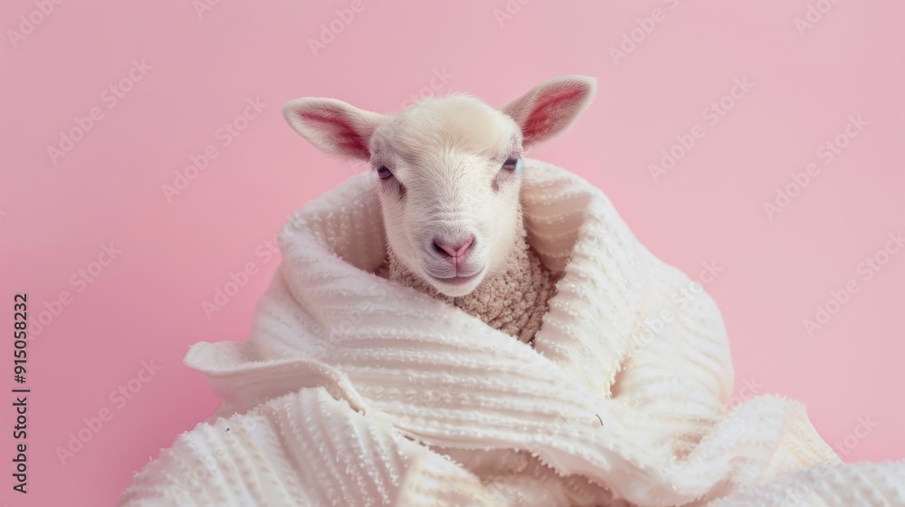 Fototapeta premium A baby lamb wrapped in a soft, white blanket against a simple pink background, emanating tenderness and warmth.
