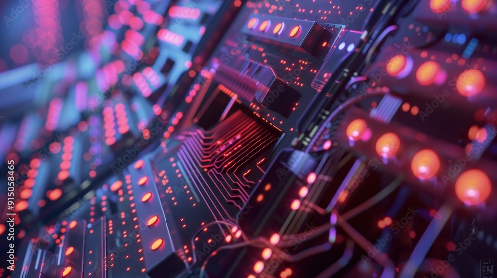 Obraz premium Circuit Board with Glowing Red Lights
