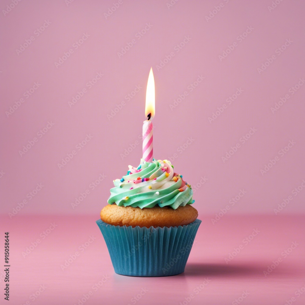 Birthday Cupcake with One Candle Isolated on a solid Copy Space Background Birthday Cupcake with One Candle Isolated on a solid Copy Space Background