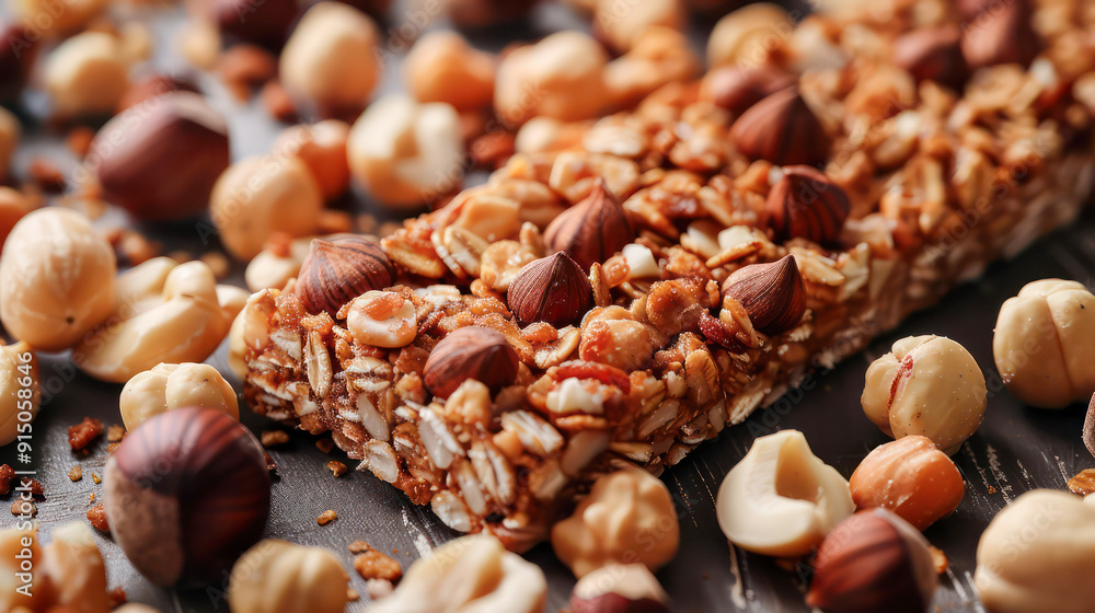 Bunch of mixed gluten free granola energy bars with dried fruit and various nuts, wooden background. Generative AI Bunch of mixed gluten free granola energy bars with dried fruit and various nuts, wooden background. Generative AI