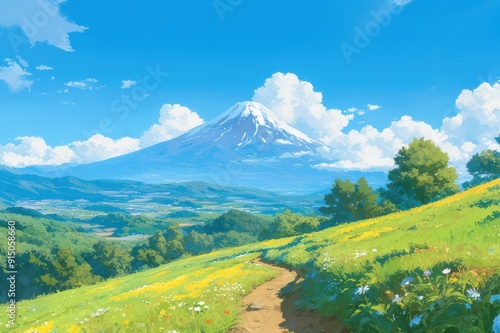 日本の富士山がある風景のイラスト（世界遺産・里山・青空・雲・アニメ・自然）