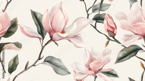 Fototapeta Naklejka Na Ścianę i Meble -  Seamless pattern with watercolor pink magnolia flowers and leaves on a white background, a hand drawn illustration in a pastel color palette with soft colors and a soft light