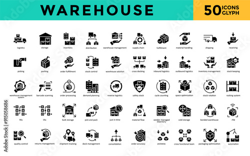 Warehouse icons set with logistics, storage, inventory, distribution, warehouse management, supply chain, fulfillment, material handling, shipping, receiving icon. Simple glyph vector 
