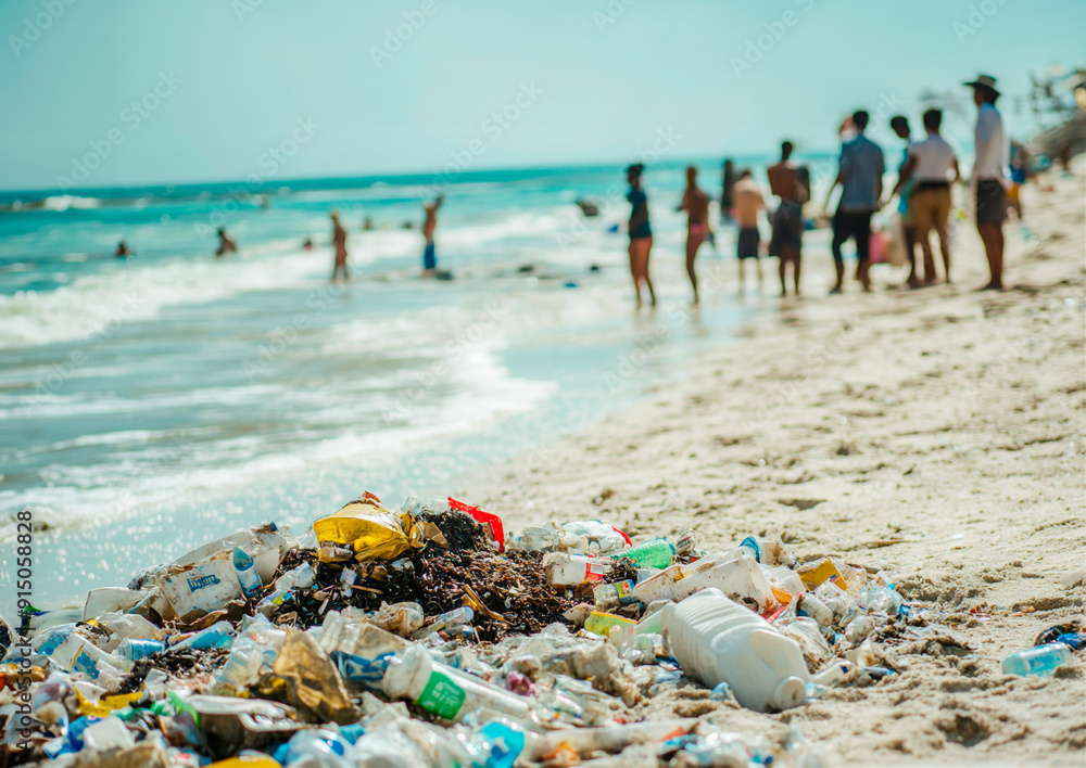 The Generative AI photo of the beach polluted with household trash and waste. Environmental pollution. Stop plastic. Ecological problem The Generative AI photo of the beach polluted with household trash and waste. Environmental pollution. Stop plastic. Ecological problem