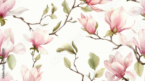 Seamless pattern with watercolor pink magnolia flowers and leaves on a white background, a hand drawn illustration in a pastel color palette with soft colors and a soft light