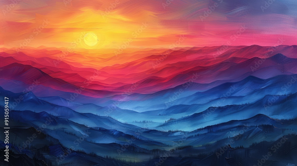 sunset over a long mountain range, yellow, pink, red, orange. blue, purple sunset over a long mountain range, yellow, pink, red, orange. blue, purple