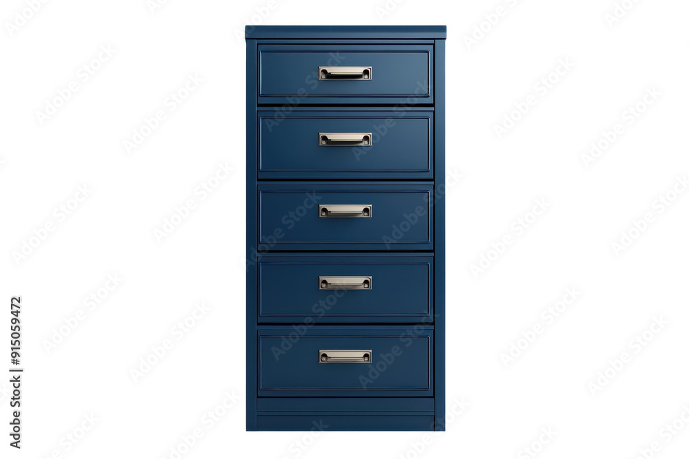 Elegant blue wooden chest of drawers with five metal handles, perfect for bedroom or living room storage solutions, modern home furniture. Elegant blue wooden chest of drawers with five metal handles, perfect for bedroom or living room storage solutions, modern home furniture.