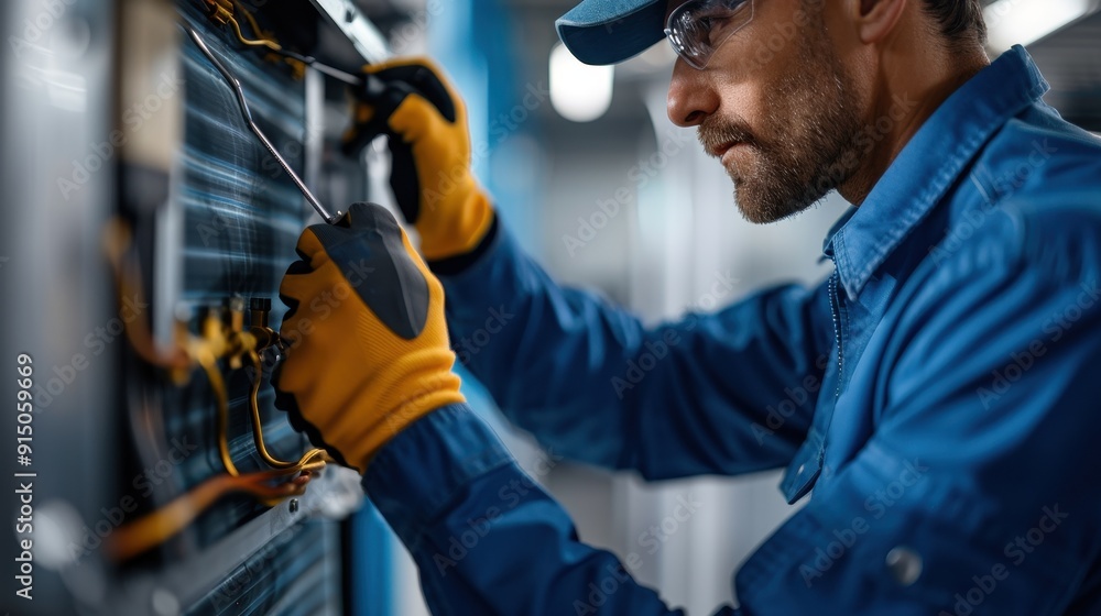A technician wearing safety gear and gloves is focused on repairing an electrical panel, showcasing precision and technical skills in a workshop. A technician wearing safety gear and gloves is focused on repairing an electrical panel, showcasing precision and technical skills in a workshop.