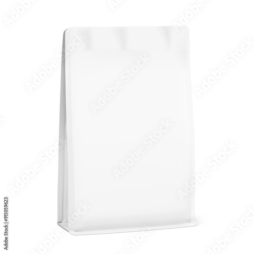 Vertical flat bottom gusset bag mockup for food, sport nutrition. Half side view. Vector illustration isolated on white background. Can be use for template your design. EPS10.	