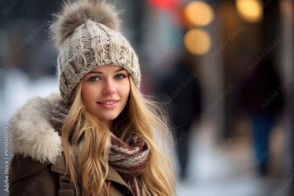 A woman wearing a hat and scarf is smiling for the camera A woman wearing a hat and scarf is smiling for the camera