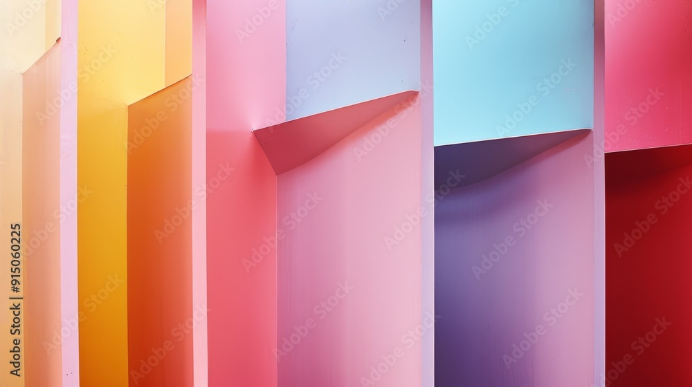 Obraz premium Bright, colorful, abstract arrangement of geometric shapes and panels in various shades of pink, blue, and purple, creating a visually stimulating composition.