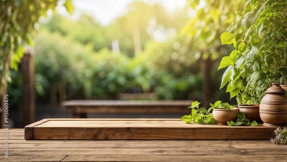empty wooden table for product display with Tulsi garden background empty wooden table for product display with Tulsi garden background