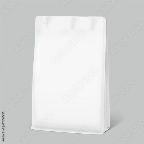 Vertical flat bottom gusset bag mockup for food, sport nutrition. Half side view. Vector illustration isolated on gray background. Can be use for template your design. EPS10.	