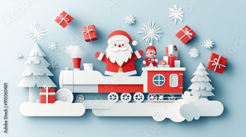Wallpaper Mural Enchanting Holiday Paper-Cut Art: Santa Claus and Nutcracker Dance on Toy Train Amid Flying Gift Boxes - Vector Illustration Christmas banner, generative Ai Torontodigital.ca