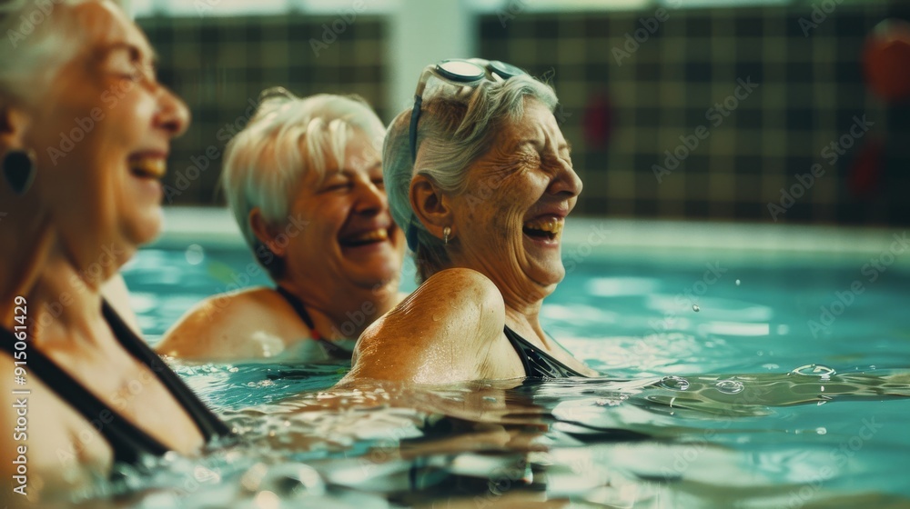 Obraz premium Three elderly women enjoying a water exercise class, laughing heartily in a swimming pool.
