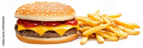 Delicious Cheeseburger with Sesame Bun and Tomato Sauce Served with Crispy Fries: An Irresistible Fast-Food Delights. photo