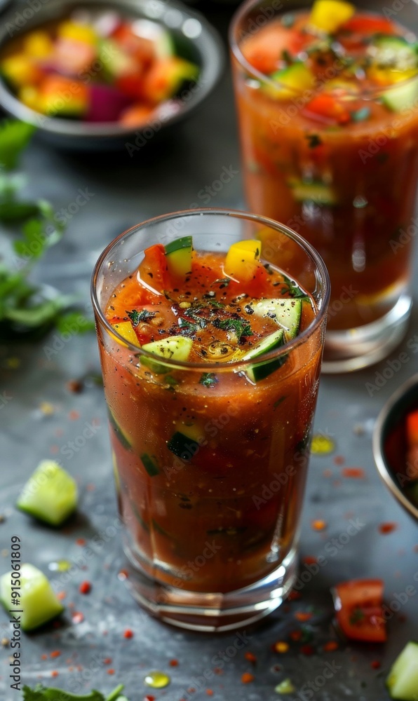 Experience chilled gazpacho soup served in a glass, garnished with diced vegetables and a drizzle of olive oil. Experience chilled gazpacho soup served in a glass, garnished with diced vegetables and a drizzle of olive oil.