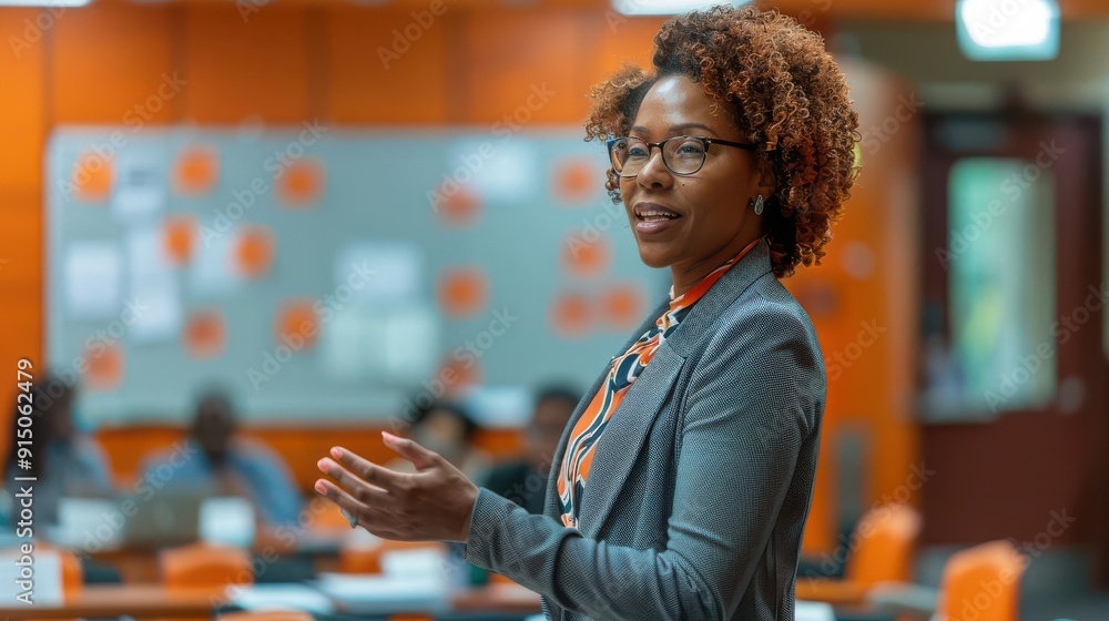 Fototapeta premium A confident businesswoman delivers a presentation to a diverse audience. She stands in front of a whiteboard, gesturing with her hands, and engaging her listeners.
