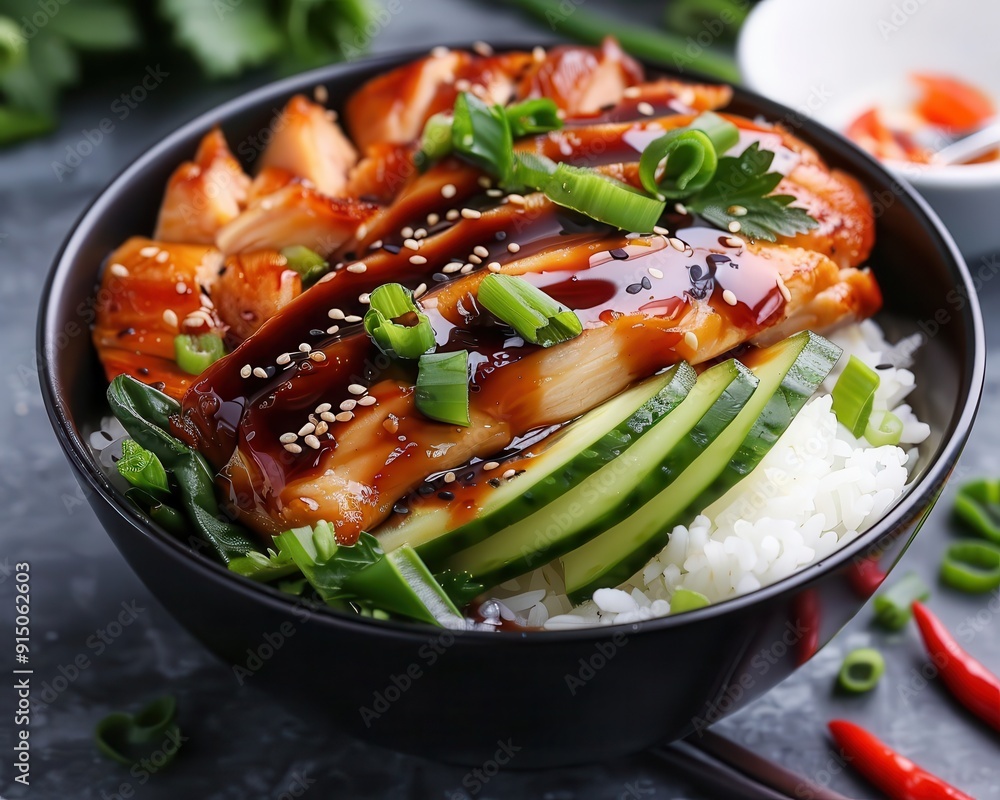 Chicken Bowl. Teriyaki Chicken with Rice and Fresh Vegetables Lunch Meal Chicken Bowl. Teriyaki Chicken with Rice and Fresh Vegetables Lunch Meal