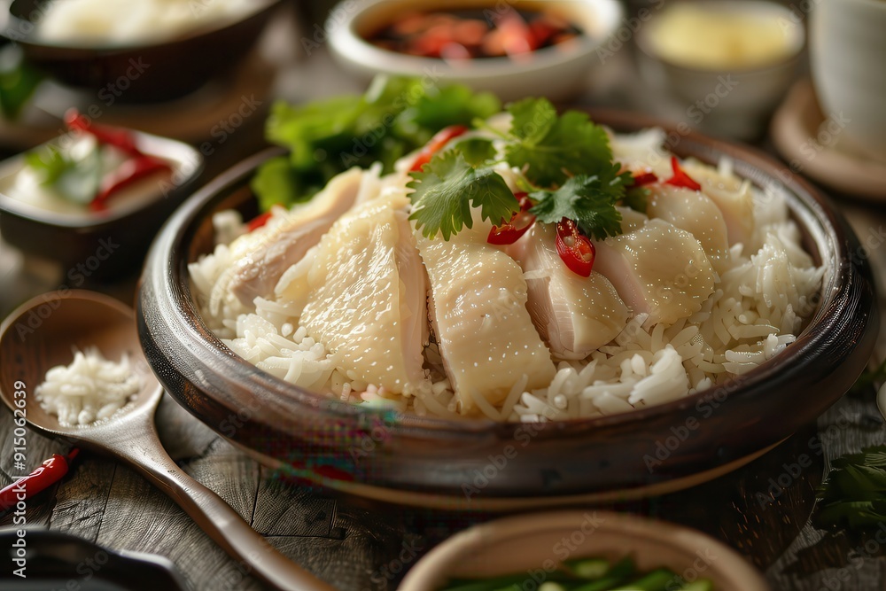 Chicken Rice. Authentic Hainanese Dish with Boiled Chicken and Fragrant Rice Chicken Rice. Authentic Hainanese Dish with Boiled Chicken and Fragrant Rice