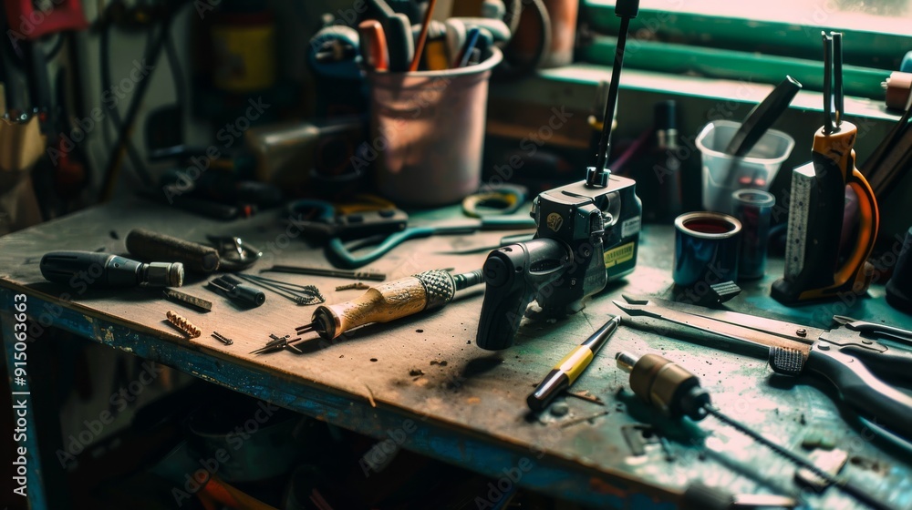 A cluttered workbench laden with various tools and equipment, capturing the essence of hands-on craftsmanship in a busy workshop. A cluttered workbench laden with various tools and equipment, capturing the essence of hands-on craftsmanship in a busy workshop.