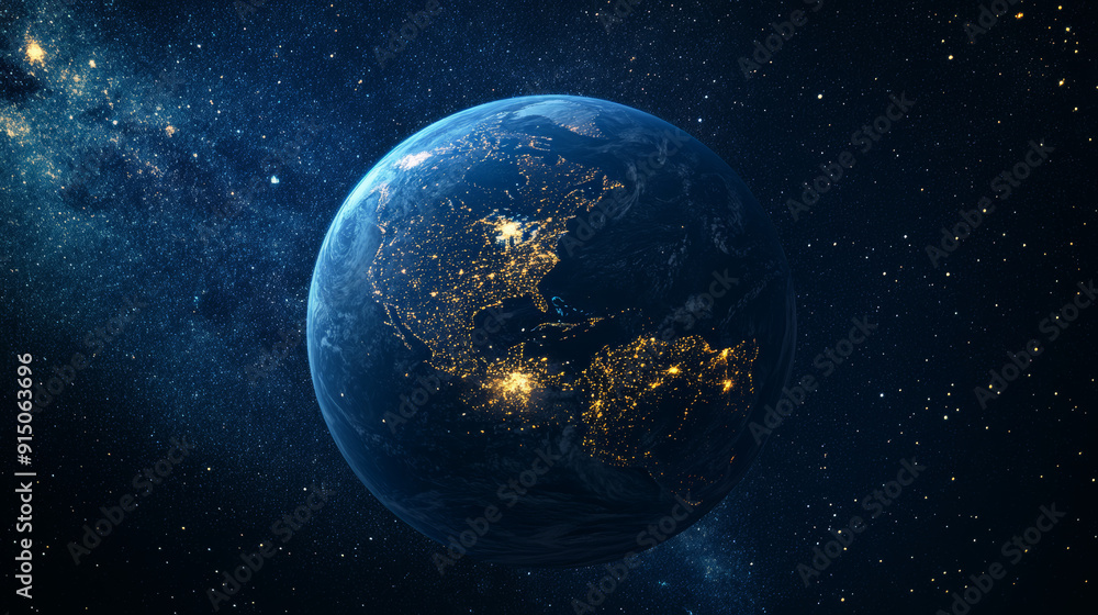 Fototapeta premium A round Earth at night, shining with lights from human settlements, is floating in space. The Earth is part of the solar system. --ar 16:9 --v 6.1 Job ID: 8123a4ec-1cab-45c0-8ebc-9ac327b43f43