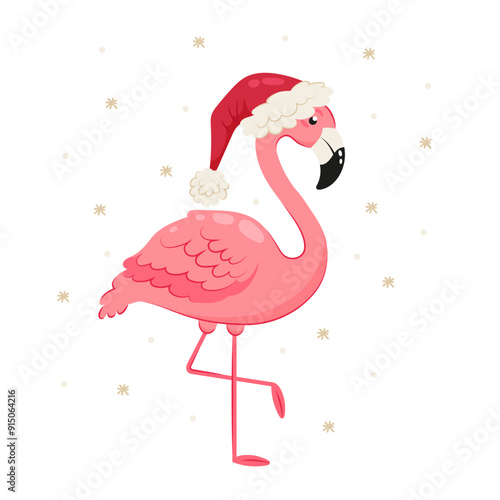 Pink funny flamingo in Santa hat. Flat style Christmas character. Summer Christmas. Tropical bird.