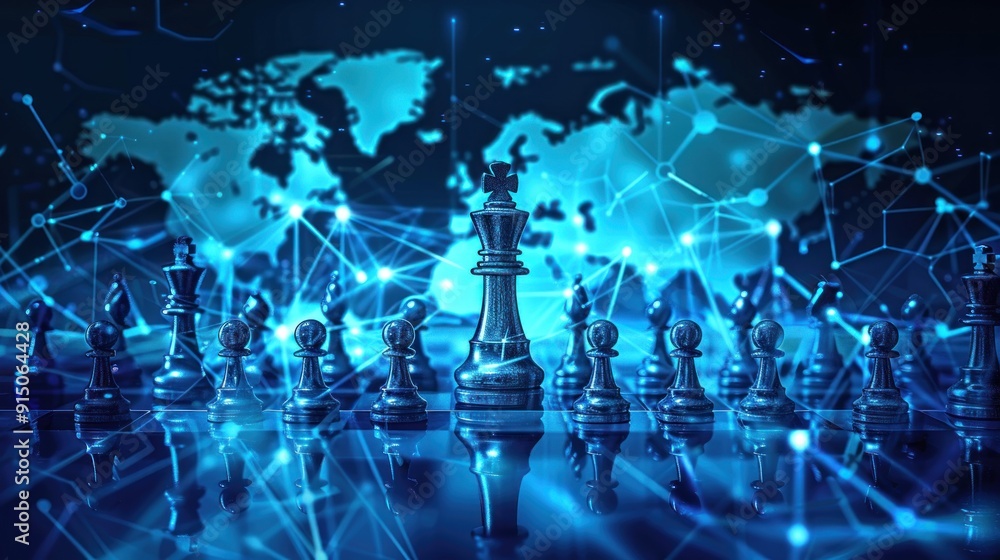 Fototapeta premium Global Strategy: Chess Pieces on a World Map