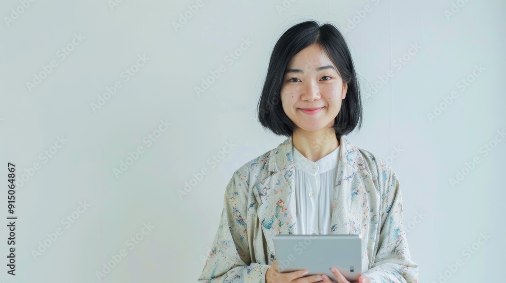 A smiling woman, holding a tablet and dressed in light, elegant attire, stands against a plain background, representing contemporary grace and confidence. A smiling woman, holding a tablet and dressed in light, elegant attire, stands against a plain background, representing contemporary grace and confidence.