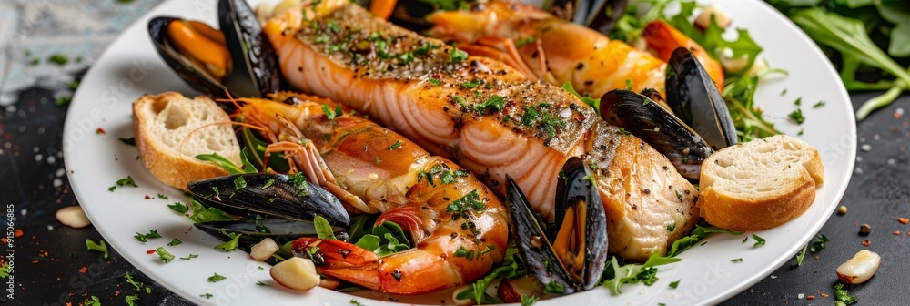 Seafood with Garlic Baguette, Toasted Bread, Cooked Prawns, Shrimps, Mussels and Salmon Fillet Seafood with Garlic Baguette, Toasted Bread, Cooked Prawns, Shrimps, Mussels and Salmon Fillet