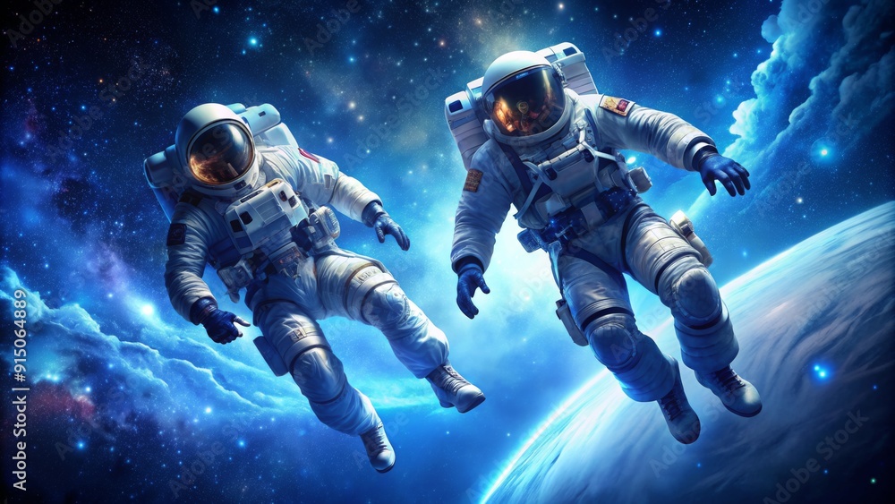 Astronauts Floating Above Earth Digital Painting of Two Space Explorers in a Starry Sky - Space Travel, Cosmic Exploration, Sci-Fi Art Astronauts Floating Above Earth Digital Painting of Two Space Explorers in a Starry Sky - Space Travel, Cosmic Exploration, Sci-Fi Art