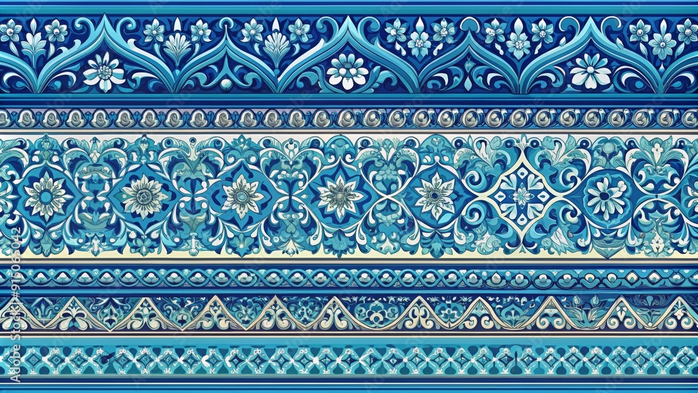 Azure Arabesque Tile Border Intricate Blue and White Floral Pattern - Seamless Mosaic Design, Islamic Art, Moroccan Architecture, Traditional Decor, Vintage Tilework, Geometric Patterns Azure Arabesque Tile Border Intricate Blue and White Floral Pattern - Seamless Mosaic Design, Islamic Art, Moroccan Architecture, Traditional Decor, Vintage Tilework, Geometric Patterns