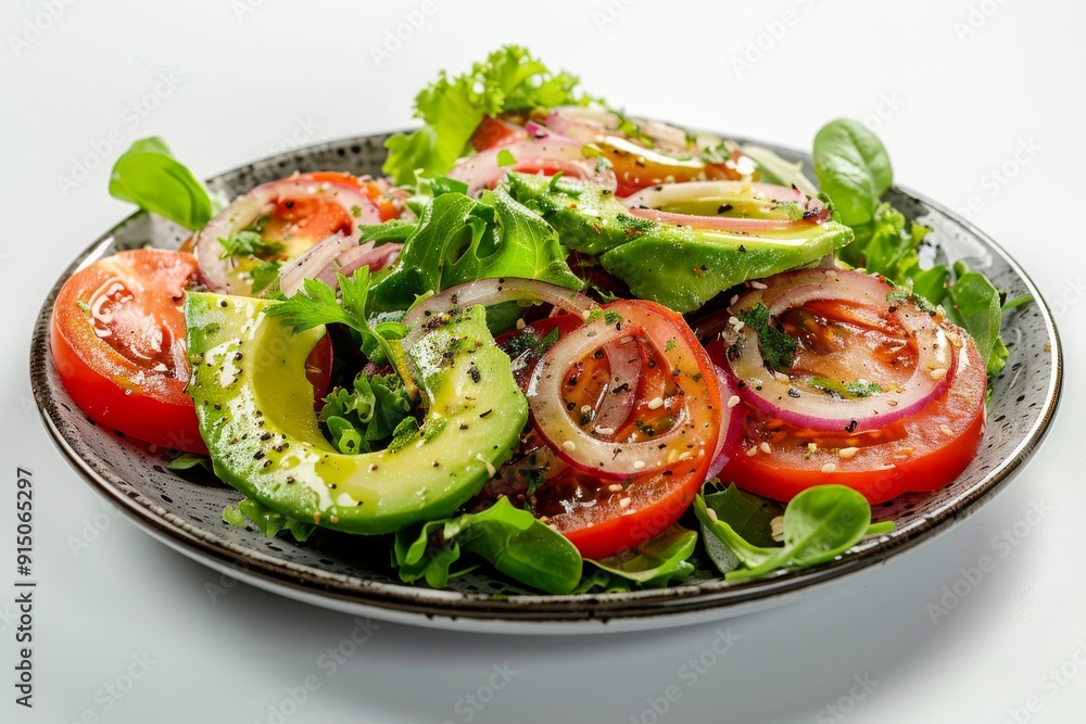 Salad with Avocado, Tomatoes and Onions on Flat Restaurant Plate Isolated on White Background Salad with Avocado, Tomatoes and Onions on Flat Restaurant Plate Isolated on White Background