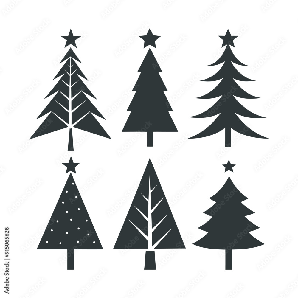 Obraz premium Christmas Tree Silhouette Set Festive Tree Icons for Holiday Designs, Black and White Christmas Tree Silhouettes 