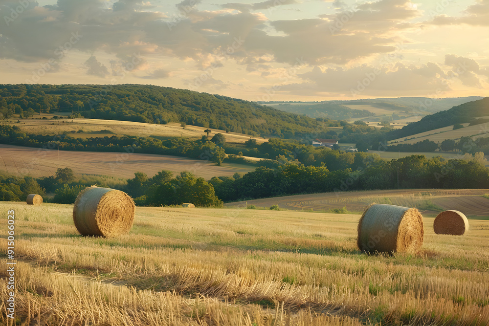 Fototapeta premium Hay Bales In A Field With Rolling Hills Photo