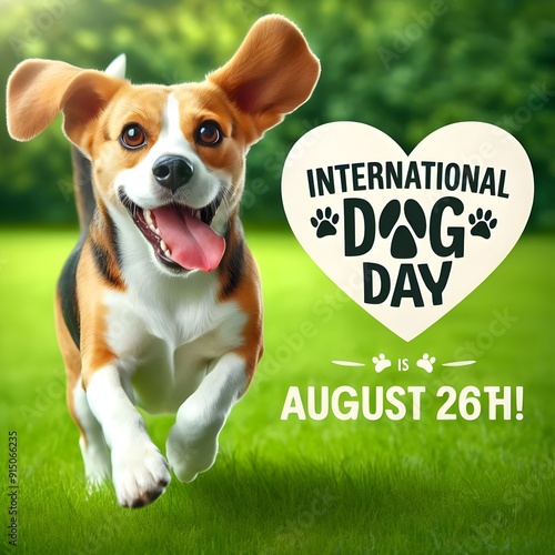 Joyful Beagle running on grass, celebrating International Dog Day on August 26th with boundless energy