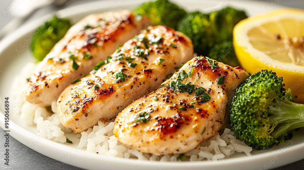 Close-up of lemon herb chicken served with rice and steamed broccoli on a plate

