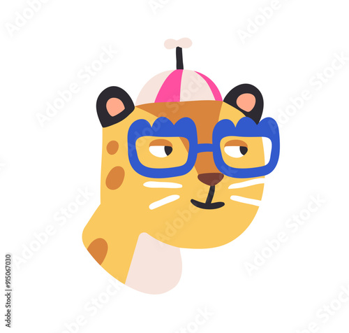 Cute funny leopard character in glasses and hat. Happy humorous head avatar in comic style. Humor portrait, wild animal. Modern kids flat graphic vector illustration isolated on white background
