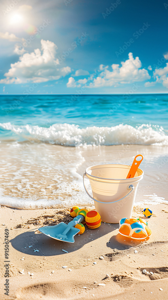 Colorful beach toys are sitting on the sand by the ocean on a sunny day Colorful beach toys are sitting on the sand by the ocean on a sunny day
