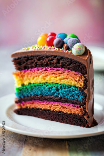 chocolate cake with rainbow-coloured filling, generated by artificial intelligence